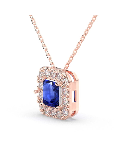 Collier or rose 18K pendentif saphir princesse avec un halo de diamants