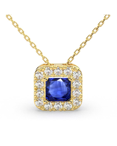 Collier or jaune 18K pendentif saphir princesse avec un halo de diamants
