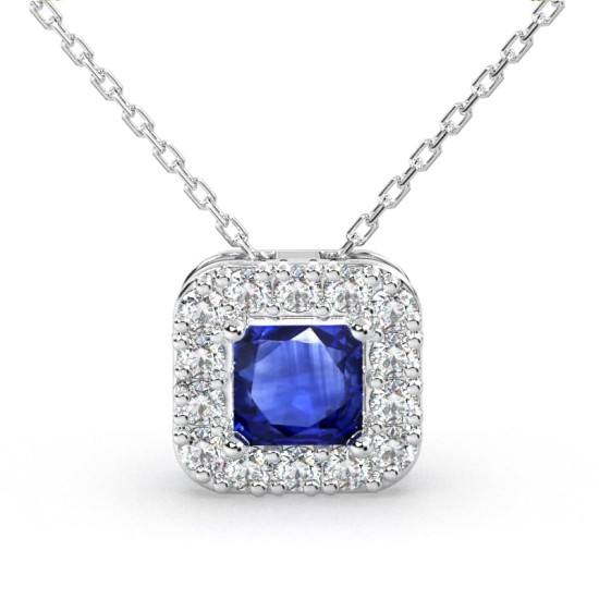 Collier or blanc 18K pendentif saphir princesse avec un halo de diamants