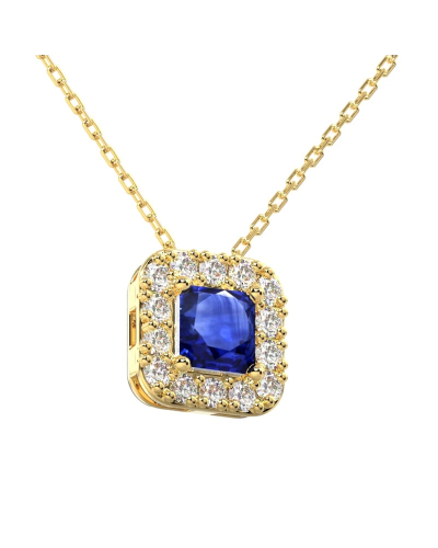 Collier or jaune 18K pendentif saphir princesse avec un halo de diamants