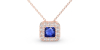 Collier or rose 18K pendentif saphir princesse avec un halo de diamants