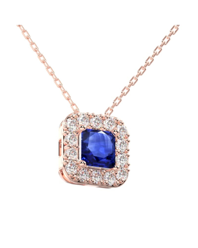 Collier or rose 18K pendentif saphir princesse avec un halo de diamants