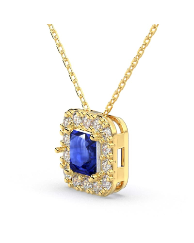 Collier or jaune 18K pendentif saphir princesse avec un halo de diamants
