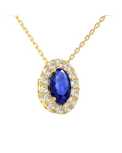 Collier en or jaune 18K saphir ovale et son halo diamant