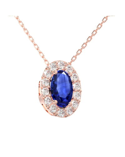 Collier en or rose 18K saphir ovale et son halo diamant