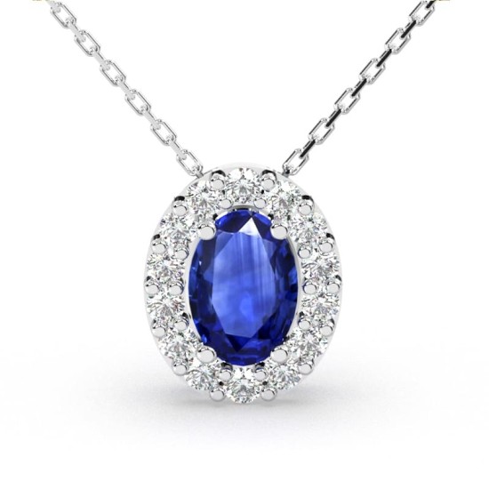 Collier en or blanc 18K saphir ovale et son halo diamant