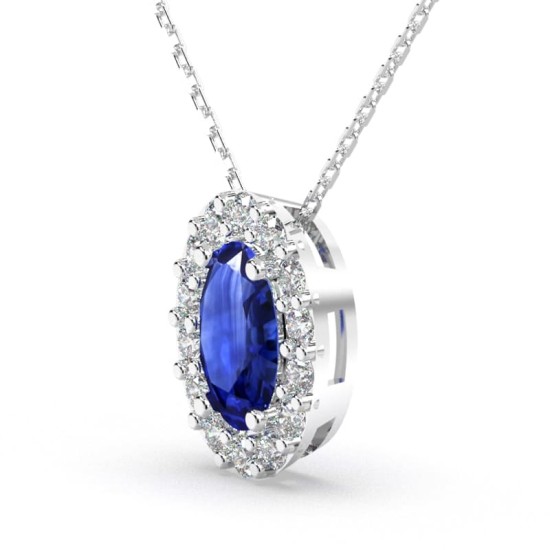 Collier en or blanc 18K saphir ovale et son halo diamant