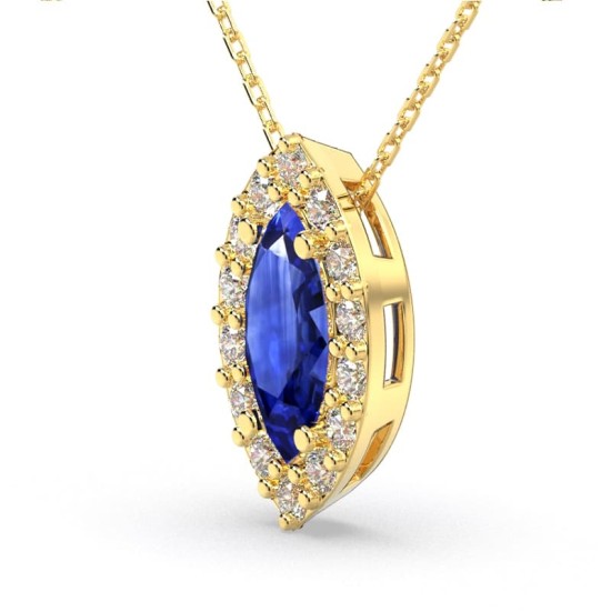 Collier saphir marquise halo diamant en or jaune 18 K