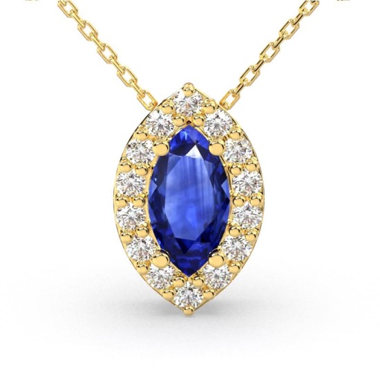 Collier saphir marquise halo diamant en or jaune 18 K