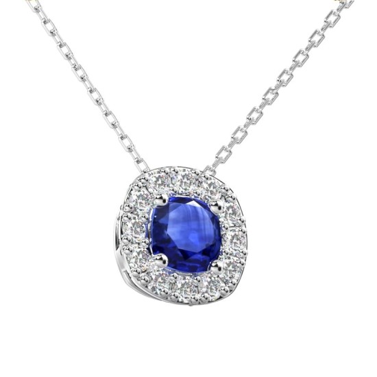 Collier saphir coussin halo diamant en or blanc 18 K