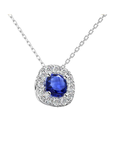 Collier saphir coussin halo diamant en or blanc 18 K