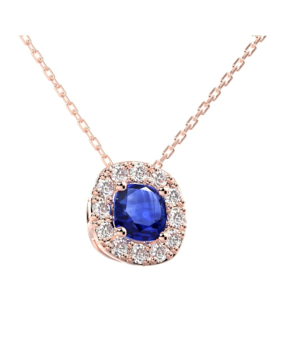 Collier saphir coussin halo diamant en or rose 18 K