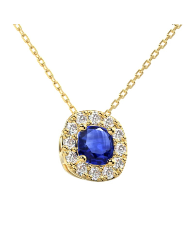 Collier saphir coussin halo diamant en or jaune 18 K