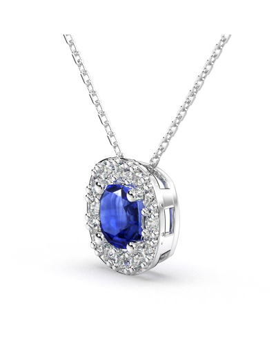 Collier saphir coussin halo diamant en or blanc 18 K
