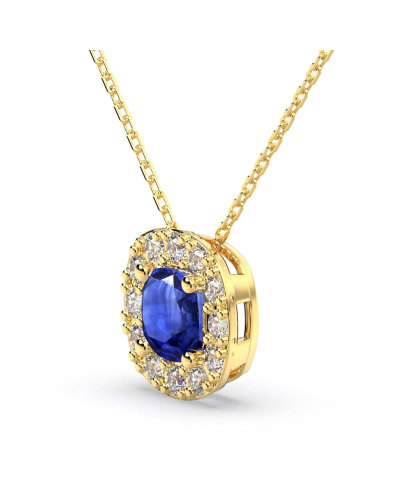 Collier saphir coussin halo diamant en or jaune 18 K