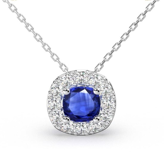 Collier saphir coussin halo diamant en or blanc 18 K