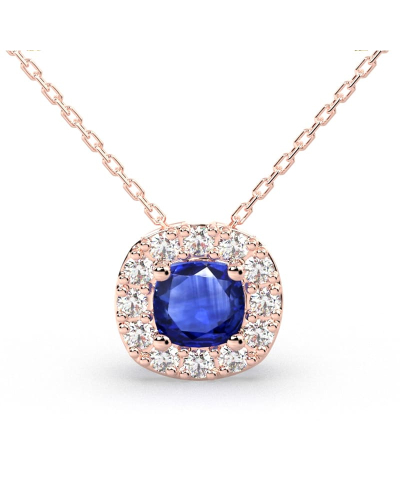 Collier saphir coussin halo diamant en or rose 18 K