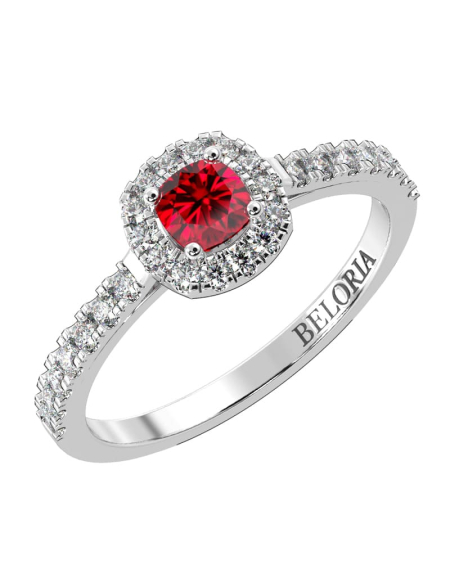 Bague en or jaune 18 carats, rubis coussin et son halo de diamants 2