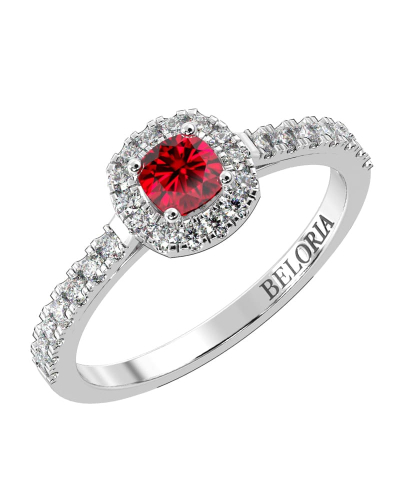 Bague en or blanc 18 carats, rubis coussin et son halo de diamants