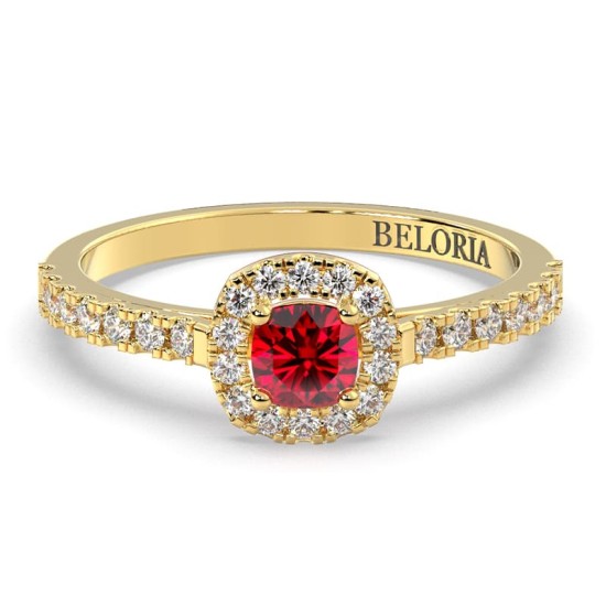Bague en or jaune 18 carats, rubis coussin et son halo de diamants