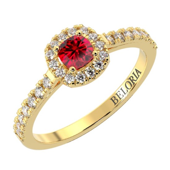 Bague en or jaune 18 carats, rubis coussin et son halo de diamants
