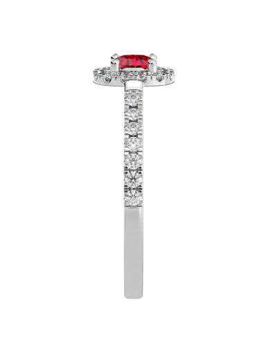 Bague en or blanc 18 carats, rubis coussin et son halo de diamants