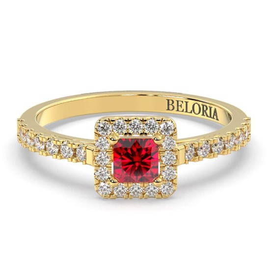 Solitaire or jaune 18K halo diamant et rubis princesse