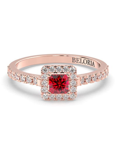 Solitaire or rose 18K halo diamant et rubis princesse