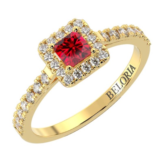 Solitaire or jaune 18K halo diamant et rubis princesse
