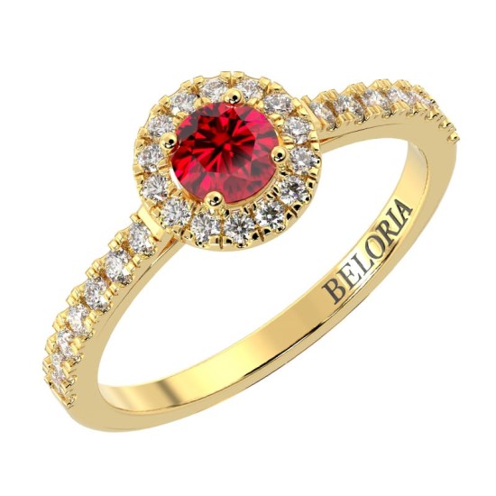 Bague or jaune 18 carats rubis rond et diamants