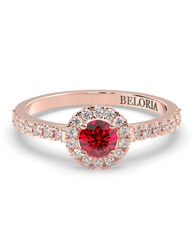 Bague or rose 18 carats rubis rond et diamants