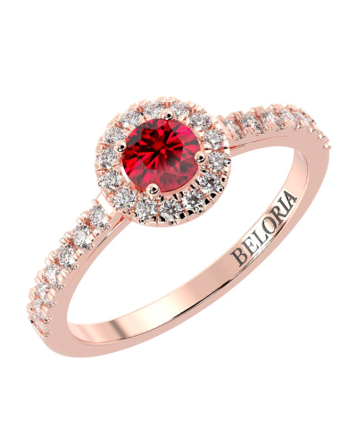 Bague or rose 18 carats rubis rond et diamants