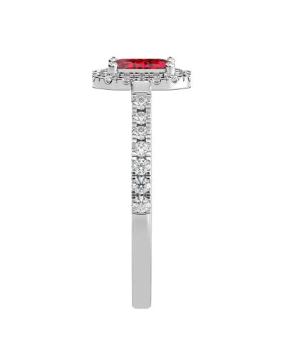 Bague Solitaire en Or blanc rubis  Halo Accompagné Diamant