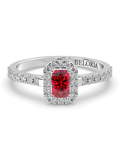 Bague Solitaire en Or blanc rubis  Halo Accompagné Diamant