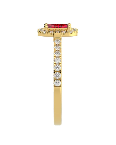 Bague Solitaire en Or jaune rubis  Halo Accompagné Diamant