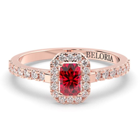 Bague Solitaire en Or rose rubis  Halo Accompagné Diamant
