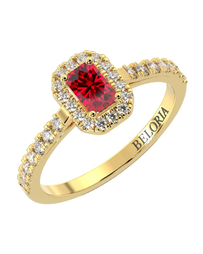 Bague Solitaire en Or jaune rubis  Halo Accompagné Diamant