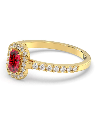 Bague Solitaire en Or jaune rubis  Halo Accompagné Diamant