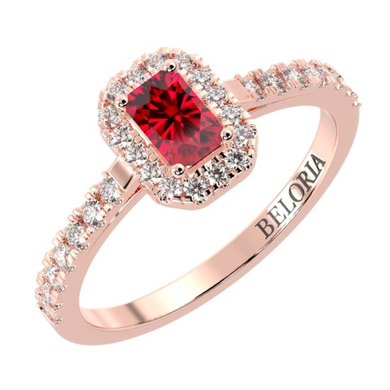 Bague Solitaire en Or rose rubis  Halo Accompagné Diamant