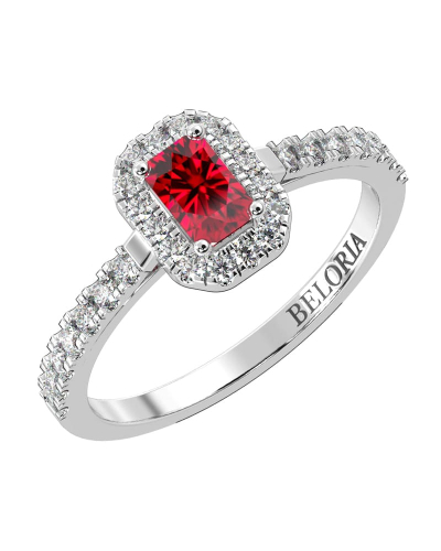 Bague Solitaire en Or blanc rubis  Halo Accompagné Diamant