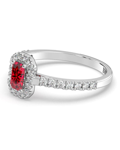 Bague Solitaire en Or blanc rubis  Halo Accompagné Diamant