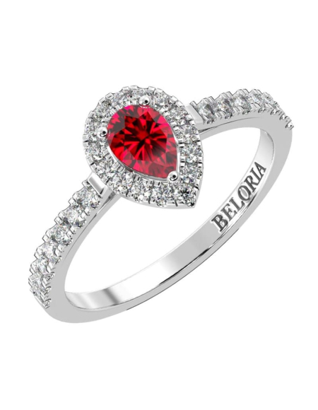 bague Solitaire en Or jaune rubis poire et son halo  Accompagné Diamants 2