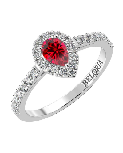 bague Solitaire en Or blanc rubis poire et son halo  Accompagné Diamants