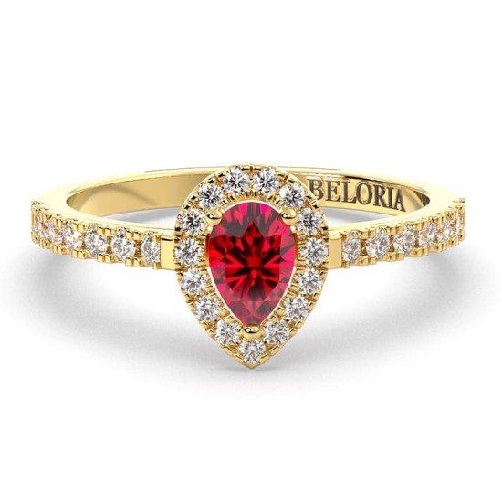 bague Solitaire en Or jaune rubis poire et son halo  Accompagné Diamants
