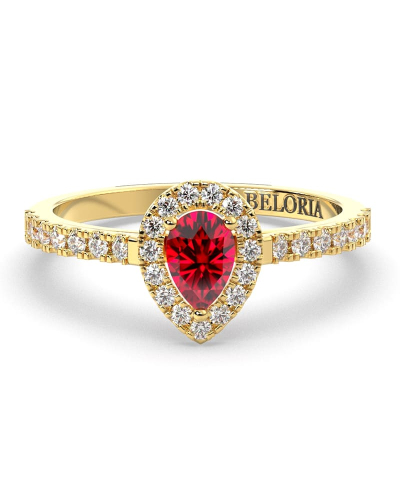 bague Solitaire en Or jaune rubis poire et son halo  Accompagné Diamants