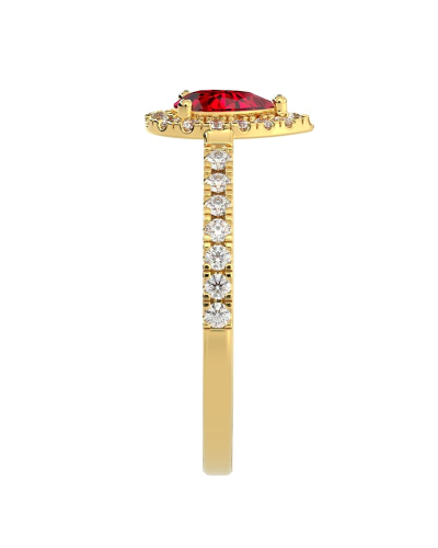 bague Solitaire en Or jaune rubis poire et son halo  Accompagné Diamants