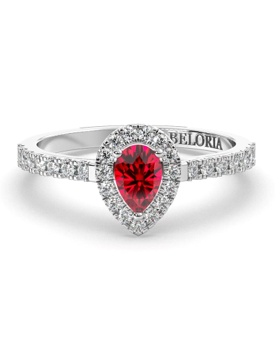 bague Solitaire en Or blanc rubis poire et son halo  Accompagné Diamants