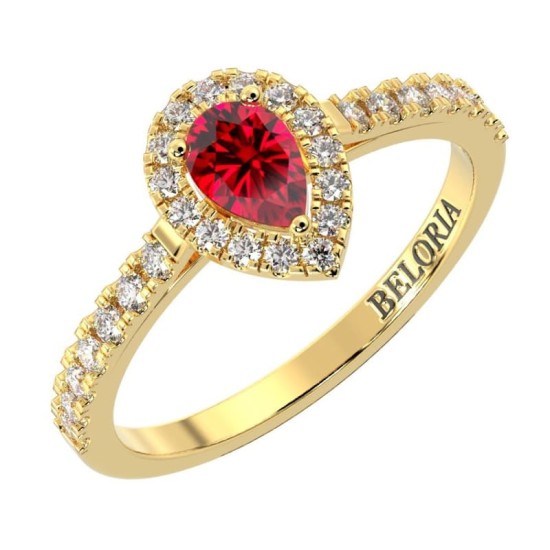bague Solitaire en Or jaune rubis poire et son halo  Accompagné Diamants