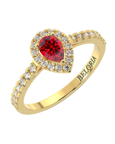 bague Solitaire en Or jaune rubis poire et son halo  Accompagné Diamants