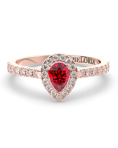 bague Solitaire en Or rose rubis poire et son halo  Accompagné Diamants